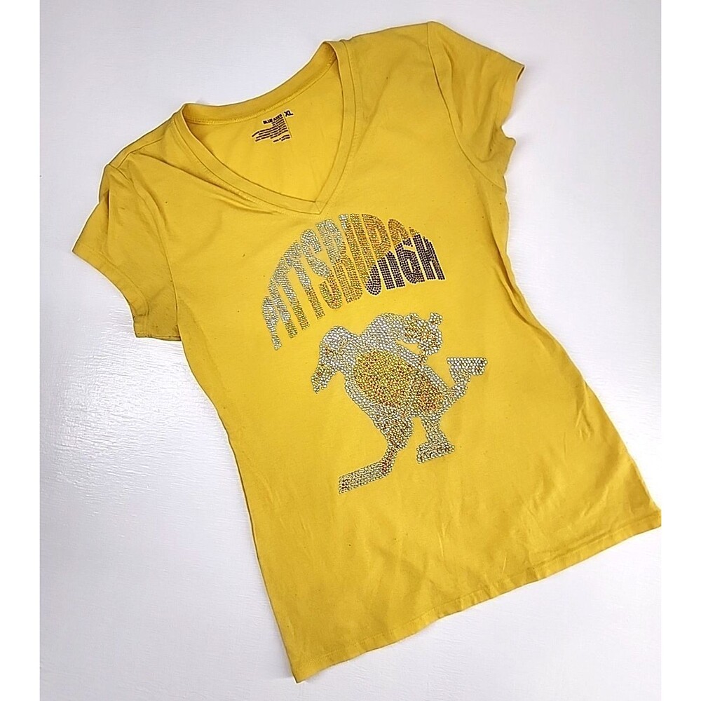 Yellow Pittsburgh Penguins NHL Hockey Rhinestone‎ Studded T Shirt | Sz XL